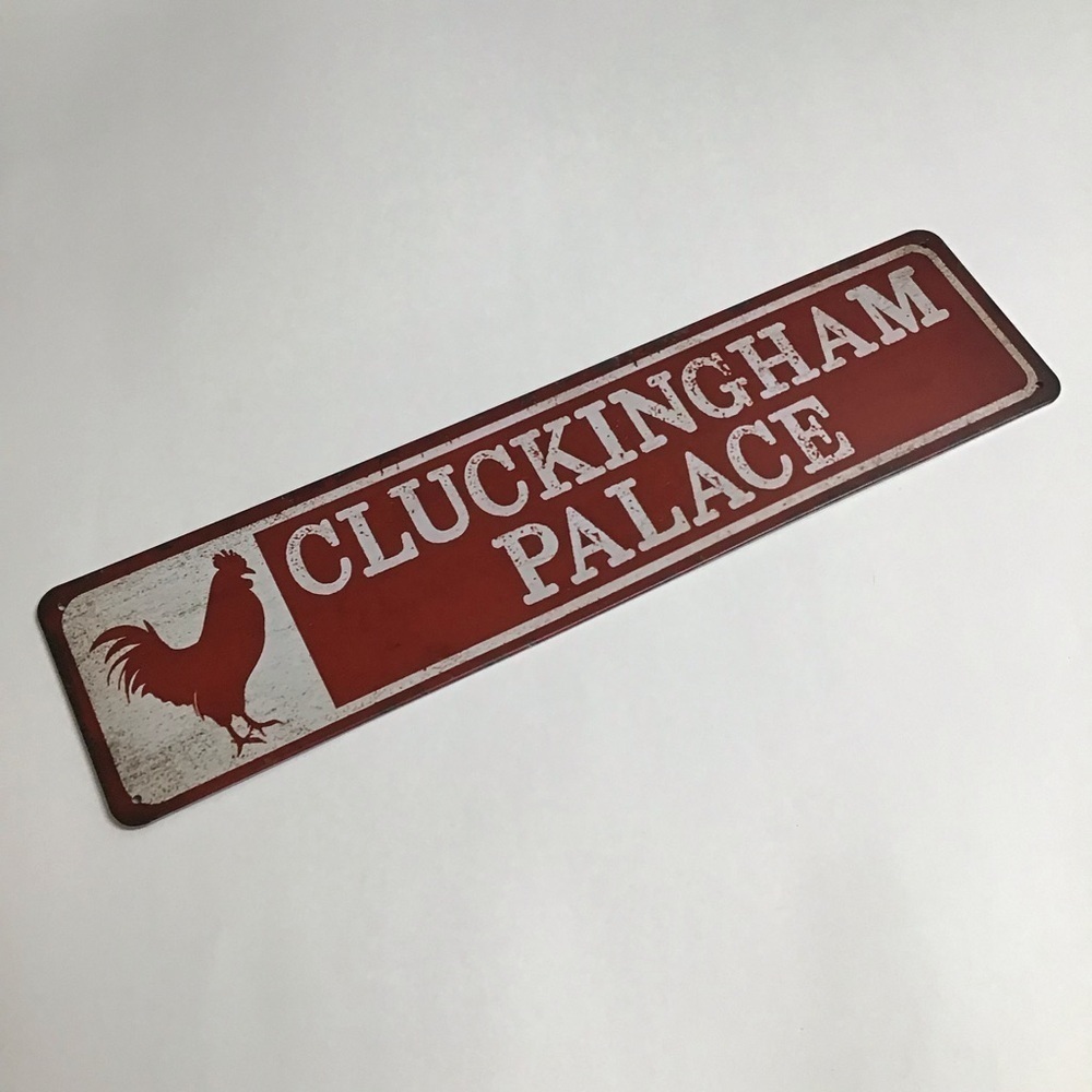 Chickens Coop Sign Cluckingham Palace Hen Rooster Farmhouse Burgundy Red Tin NEW
